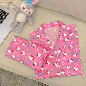 Kawaii Sanrioed Hello Kitty Primavera, Outono Pijama Casaquinho de Lapela Kt de Manga Longa, Calças de desenhos animados Bonitos Homewear Brinquedos para Meninas