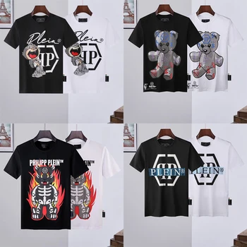 Novo Estilo de Moda QP PHILIPP Crânio T-Shirt de Caveira de Diamantes Punk de Manga Curta Plein Homens de Hip-Hop de Rua Gótico Urso Bonito Tshirt 2023