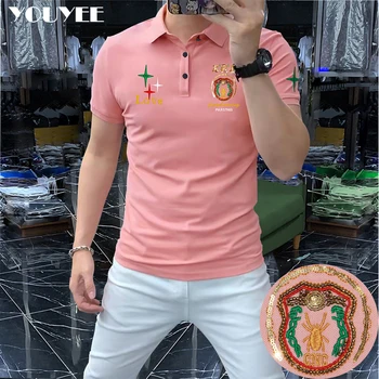 2022 Novo Polo de Homens Pesados de Artesanato de Bordado na Moda Masculina Top Rosa de Manga Curta T-shirt de Verão de Alta Qualidade de Homem Bonito Vestuário