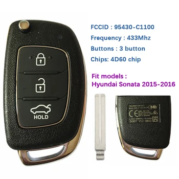 CN020093 Original 3 Botão Flip Chave do Carro Para 2015 Hyundai Sonata Remoto Freqüência de 433MHz 4D60 Chip 95430-C1100 LE-433-UE-TP