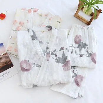Japonês Styl Rose Impresso Senhoras Quimono Pijama Solta Fina Três-quartos Mangas de Gaze de Algodão 2Pcs Pijamas Solta Homewear