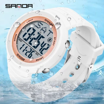 SANDA 2022 Nova Moda Esporte Mulheres Relógios Branco 50M Impermeável Relógio Digital para a Menina Casual relógio de Pulso relógio feminino 6022