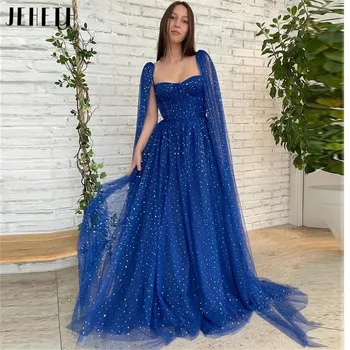 JEHETH Azul Royal, A Linha de Brilhantes Estrelas de Tule Vestido de Baile Querida Com Cabo Longo Mangas de Vestidos de Noite de Festa