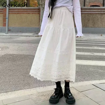 Uma linha de Saias das Mulheres do Laço Branco Meados de Bezerro Primavera Mauricinho Elegante Concurso de Design de Lazer Faculdade de Moda Feminina Retro Harajuku Novo
