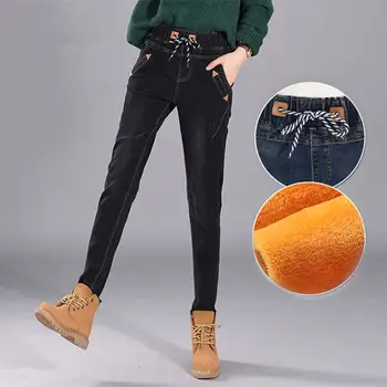 O Inverno Além De Veludo Cintura Elástica Namorado Jeans Para Mulheres Lace Up Quente Casual Calças De Harém De Mulheres De Longa Jeans Femme C4952