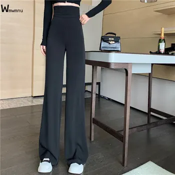 O coreano Moda Slim Cintura Alta Wide Leg Pants Mulheres Primavera Streetwear Macio Largas Calças Pretas Casual de alta qualidade Fina, Calças