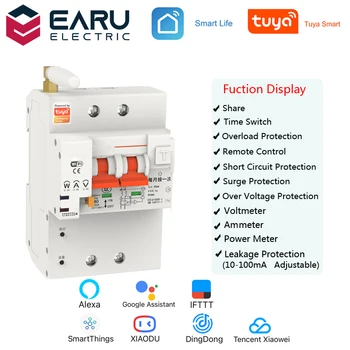 TUYA 2P 4P 10-63A 220V Smart wi-FI Disjuntor de Protecção contra Fugas de Energia Consumo de Energia kWh Medidor de Voltímetro Amperímetro