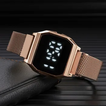 Relógio Digital para Mulheres, Homens Luxo Eletrônico LED relógio de Pulso de Ouro Prata Cinto de Malha Magnética Pulseira de Metal de Moda para Senhoras Relógio