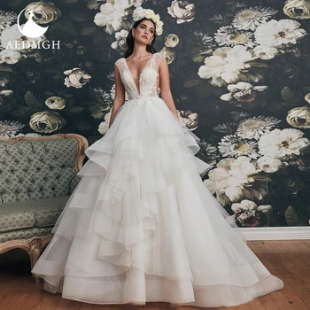 Aedmgh Bola Vestido Império Vestidos De Noiva Em 2022, Com Decote Em V Sem Mangas Ruffles Trem Vestido De Novias Apliques Sem Encosto Vestidos De Noiva
