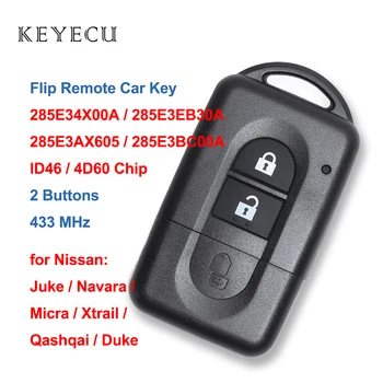 Keyecu Flip Remoto do Carro Fob Chave 2 Botões 433MHz ID46/ 4D60 Chip para Nissan Juke Navara Micra Xtrail Qashqai Duque
