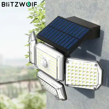 BlitzWolf BW-OLT6 4 Cabeça de Sensor Solar Parede de Luz Inteligente, Sensor de Movimento de PIR de Controle de LED Lâmpada Solar IP65 Waterproof a Iluminação Exterior