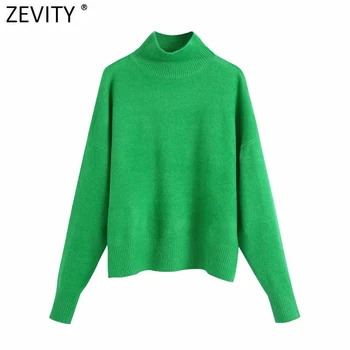 Zevity Mulheres Simplesmente Simulação de Pescoço Sólido de Cor Verde Casual Suéter de Tricô Feminino, Chique Básica de Manga Longa, 