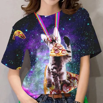 Mulher Gato Bonito de Impressão de T-shirts Engraçadas Pizza Relâmpago Miau T-Shirt Para as Mulheres de grandes dimensões Moda feminina Roupas de Streetwear Tops