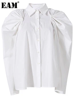 [EAM] Mulheres Branca Plissada Elegante Blusa Nova Lapela Longo Puff Luva de Ajuste Solto Camisa de Moda Maré de Primavera Outono 2023 1DE3322