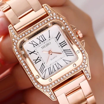 2020 Luxo Rosa de Ouro Relógios Quadrados Mulheres Bling Cristal de Aço Inoxidável das Mulheres Relógios Relógios de Senhoras Relógio de Quartzo Reloj Mujer
