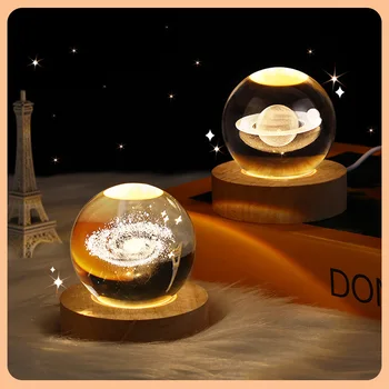 3D Brilhante Bola de Cristal Luzes do Céu Estrelado Quente Luz de Cabeceira Lâmpada da Noite Para o Natal das Crianças do Presente Com Base de Madeira Decoração da Lâmpada