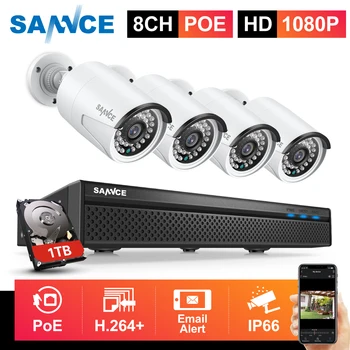 SANNCE 1080P 8CH FHD PoE de Vídeo em Rede do Sistema de Segurança 4*1080P HD à prova de Intempéries Câmeras Inteligentes, Diodos emissores de Vigilância CFTV Kit