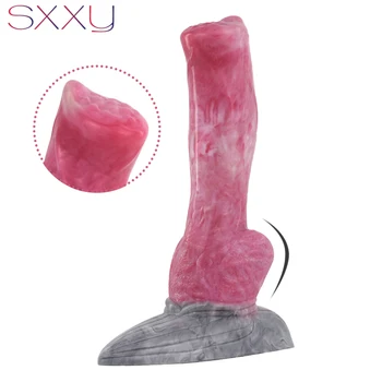 SXXY Gigante GreatDane Cão Vibrador com Triângulo de Otário para Mulheres Nó Grande Fantasia Animal Pênis Adultos Brinquedos do Sexo Sangrento Anal Plug anal