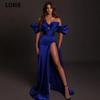 LORIE Alta Fenda 2021 Azul Uma linha de Vestidos de Baile Querida Com Mangas Puff Especial Occastion Formal Vestidos de Festa à Noite Vestido de