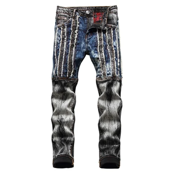 Homens de Retalhos Rasgado Cultura Jeans da Moda Streetwear Slim de extensão em linha Reta de Jeans, Calças de Meados de Cintura Tornozelo Comprimento de Calças