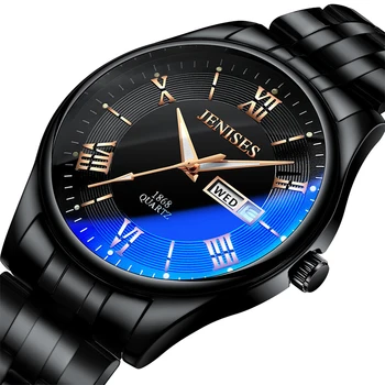 Relógio Masculino Preto Homens Relógio de Aço Inoxidável Impermeáveis Data de Semana de Quartzo Relógios de Homens de Marca de Luxo de Vestido de Negócio Relógio