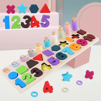Montessori de Madeira de Matemática Brinquedos de Madeira 3D Contagem de Forma Geométrica Cognição Jogos de Quebra-cabeça de Ensino de Matemática de Brinquedos Educativos para Crianças