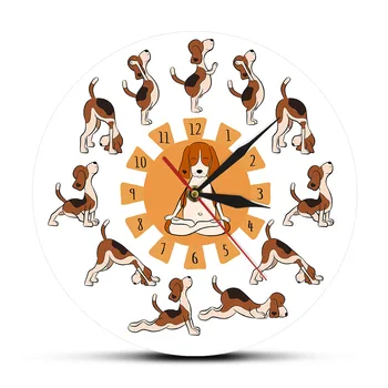 Engraçado Cão Fazendo Yoga Posição Arte De Parede Relógio Estilo Cachorrinho Yoga Relógio De Parede Beagle, Cão De Estimação Do Cartoon Yoga Relógio De Presente Para O Yoga Amante