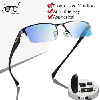 Multifocal Progressiva Óculos De Leitura Para Os Homens Anti Blue Ray Rectangular De Metal De Meia-Armação De Óculos +125+175+225+275