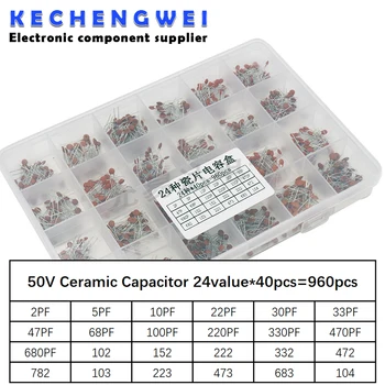 960pcs 24value*40pcs=960pcs 50V Capacitor Cerâmico kit Sortido Sortido Definida + Caixa