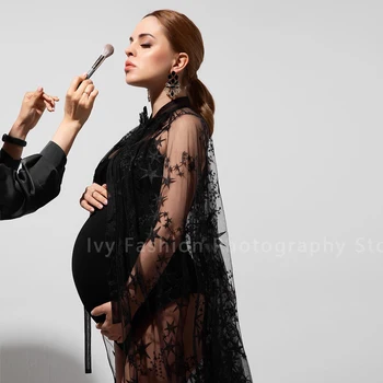 Maternidade Fotografia Vestido Elegante Moda Sem Alças Chiffon Padrão De Estrelas Manto Gravidez De Mulheres Foto Atirar Laço Do Xale