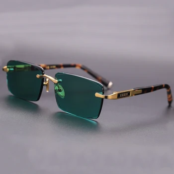 Acetato de Vintage, Óculos sem aro Homem de Luxo, Natural de Pedra de Cristal Lente Verde Óculos de Sol Óculos de proteção UV400 Oculos de Qualidade Superior