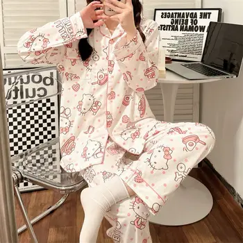 Sanrio Hello Kitty Pijama Mulheres Kawaii Kt Gato Primavera, Outono De Manga Longa Pijama Cartoon Algodão Home Desgaste Adequar A Minha Melodia