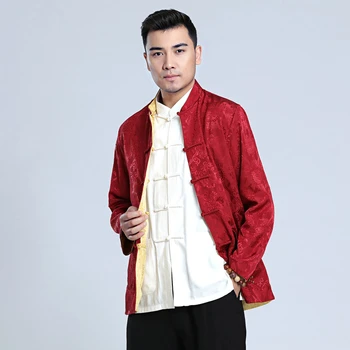 Tang terno masculino manga longa jaqueta de estilo Chinês de cetim dupla face do desgaste de outono nova retro Hanfu masculino Tai Chi terno ropa casaco