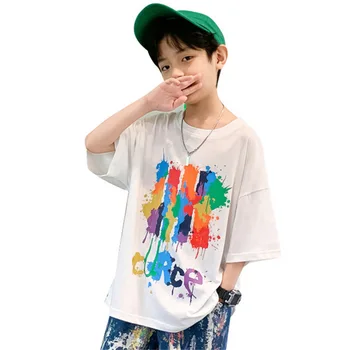 Chegadas novas Camisetas para os Meninos Garoto coreano Casual Pintura de Impressão Graffiti Padrão de Crianças Roupas de Algodão Solto Estudante de T-Shirts